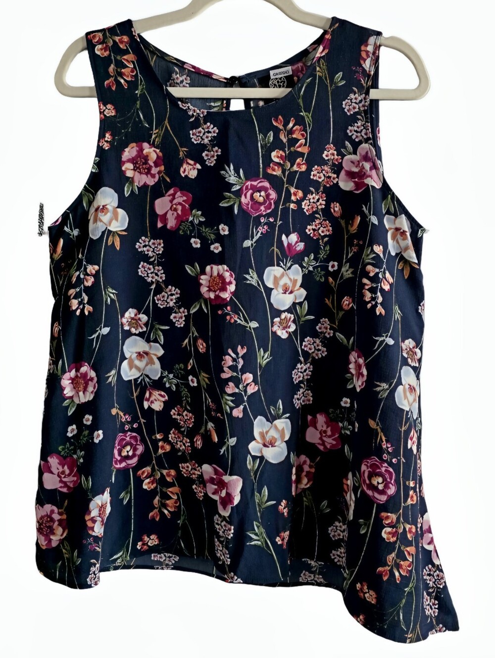 Bobeau Moody Floral Sleeveless Blouse Sash Tie Waist Asymmetric Draped Hem EUC